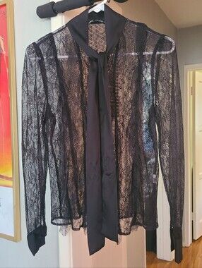 Zara Black Sheer Lace Tie-Neck Blouse
